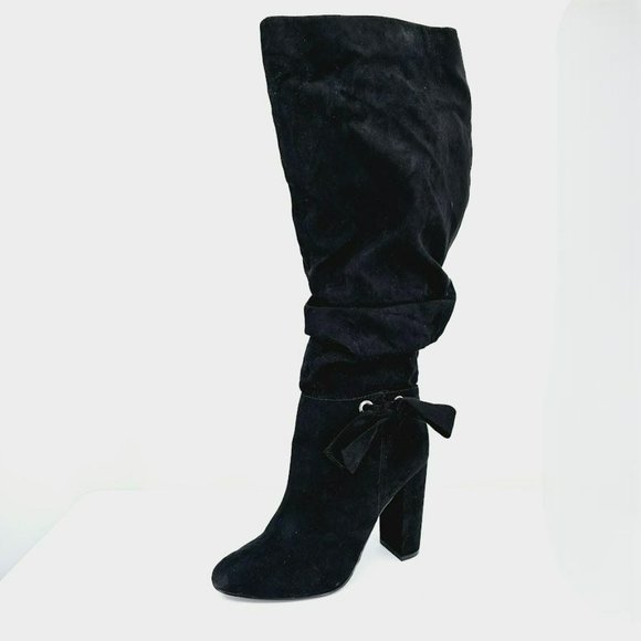JustFab Pilara Over The Knee Heels Boots 10 Black Faux Suede Slouch Side Zip Bow - Picture 1 of 13
